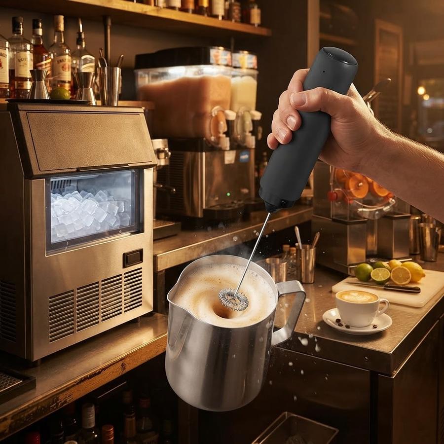 Rechargeable milk frother wand in a working commercial kitchen