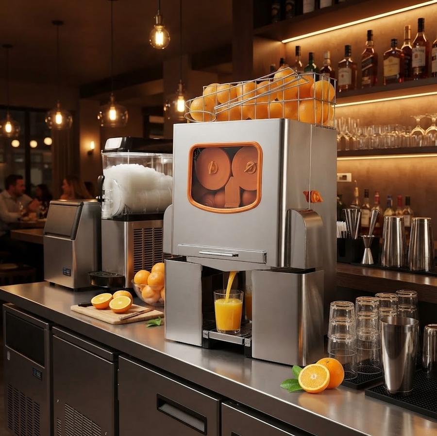 Commercial citrus juicer in a working commercial kitchen