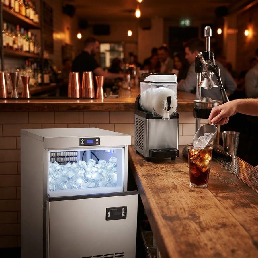 Under-counter ice machine in a working commercial kitchen
